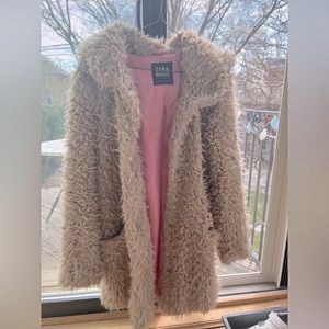 Zara beige fluffy teddy coat with pink lining
